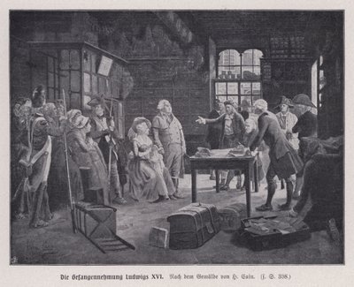 Arrestasjon av kong Louis XVI av Frankrike og hans familie i Varennes mens de prøvde å rømme etter den franske revolusjonen av Henri Cain