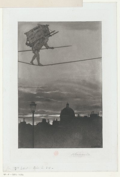 Strikkrullator med pakke på ryggen over en by Tittelside for: Henri Béraldi, Les Graveurs du XIXe siècle (...), 1888 av Henri Charles Guérard (signed by artist)