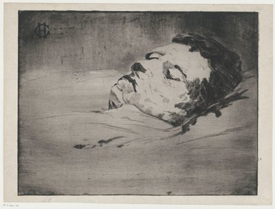 Portrett av en ukjent mann på dødsleie av Henri Charles Guérard (signed by artist)