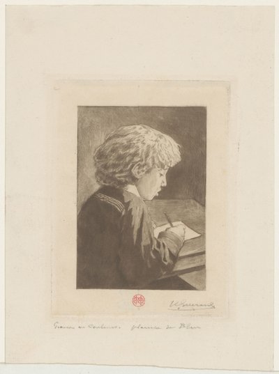 skrivende gutt av Henri Charles Guérard (signed by artist)