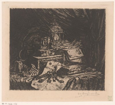 Stilleben med nøkler og lykt av Henri Charles Guérard (signed by artist)