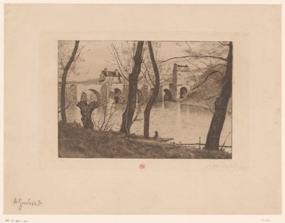 Utsikt over broen ved Mantes-la-Jolie av Henri Charles Guérard