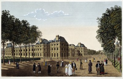 Garden og Palais du Luxembourg sett fra terrassen til det lille Luxembourg. Gravering av Courvoisier av Henri Courvoisier-Voisin