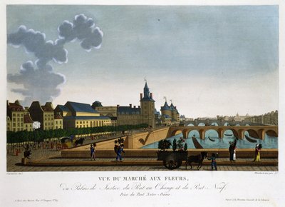 Utsikt over blomstermarkedet, byttebro og ny bro - i "" Vues de Paris"" av Courvoisier av Henri Courvoisier Voisin