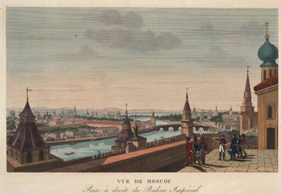 Utsikt over Moskva fra balkongen til det keiserlige palass, Russland"" (Utsikt over Moskva tatt fra balkongen til det keiserlige palass) Gravering av Henri Courvoisier-Voisin (1757-1830) - 1812 Dim 40,7x55,6 cm Privat samling av Henri Courvoisier Voisin