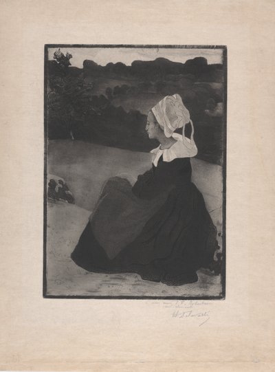 Bretonne assise (Sittende Bretonsk kvinne) ca. 1893 (myk bakken etsing og akvatint) av Henri Delavallee