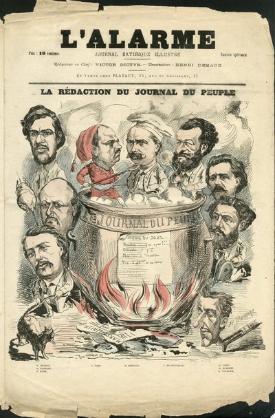 Illustrasjon av Henri Demare (1846-1888) for omslaget til L'Alarm - Draftsers, Press/Media, Verifier-datoer - Humbert Albert, Casse Germain, Arnould Arthur, Journalist, De Fonvielle Ulric, Cavalie Georges, Noir L, Mourot E, Enne F, Mighty G av Henri Demare
