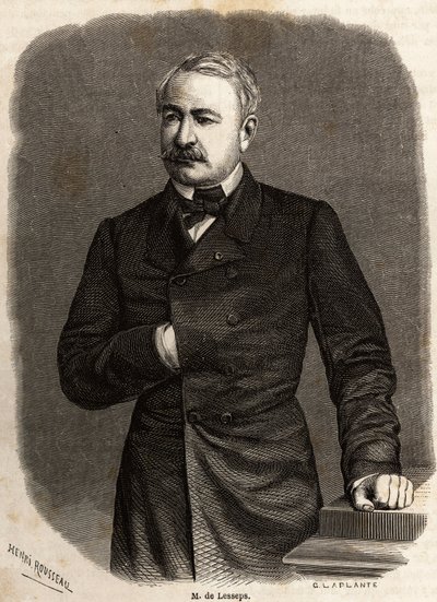 Portrett av Ferdinand de Lesseps (1805-1894) diplomat og gründer, pådriver for de to ambisiøse prosjektene: Canals of Suez og Panama, tegning av Henri Rousseau, for å illustrere en ekskursjon til Suez-kanalen i 1862 av Paul Merruau. Gravering i "" av Henri Emilien Rousseau