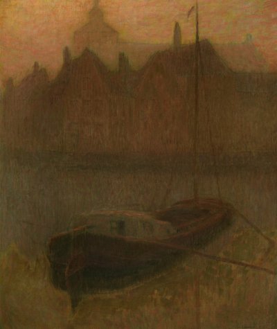 Båt på kanalen (morgen) (olje på lerret) av Henri Eugene Augustin Le Sidaner