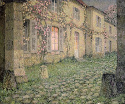 Hus med roser i skumringen, ca. 1928 av Henri Eugene Augustin Le Sidaner