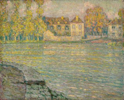 Hus ved elven ved solnedgang, Moret; Hus ved elven ved solnedgang, Moret av Henri Eugene Augustin Le Sidaner