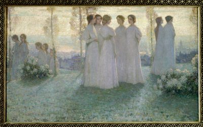 På søndag, kvinne kledd i hvitt snakker i en hage - Maleri av Henri Eugene (Henri-Eugene) Le Sidaner (1862-1939) av Henri Eugene Augustin Le Sidaner