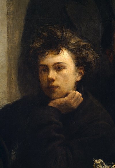 Et hjørnebord, detalj. Portrett av Arthur Rimbaud (1854 - 1891), fransk poet. Maleri av Henri Fantin Latour (Fantin-Latour av Ignace Henri Jean Fantin Latour