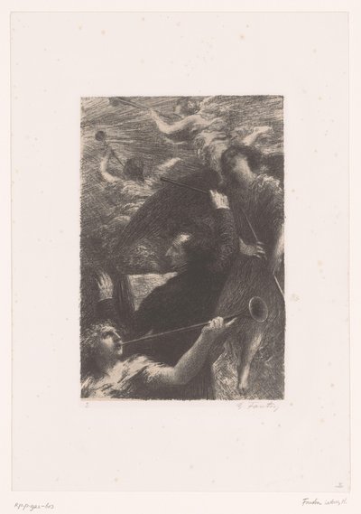 Berlioz dirigerer mellom fire trompetblåsende engler Tuba mirum spargens sonum Livet og verkene til Hector Berlioz (serietittel) av Ignace Henri Jean Fantin Latour
