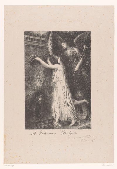 Engel og personifisering av berømmelse bringer en æreskrans ved graven til Johannes Brahms Á Johannes Brahms (tittel på objekt) av Ignace Henri Jean Fantin Latour