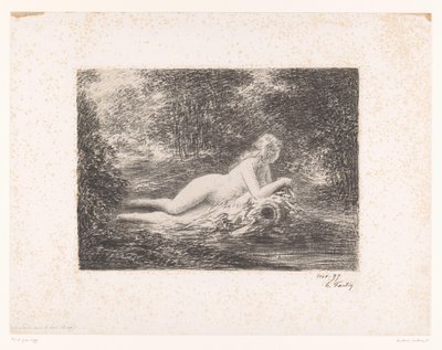 Nymfe med vannmugge ved en skogsbekk La source dans les bois (tittel på objekt) av Ignace Henri Jean Fantin Latour