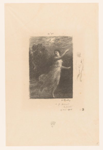 Nimf flight weg for sater Om natten den vandrende nymfen Bukolikere. Idyller og fragmenter av idyller. XXIV Gedichten van André Chénier (serietittel) Illustrasjoner til diktene til André Chénier (serietittel) av Ignace Henri Jean Fantin Latour
