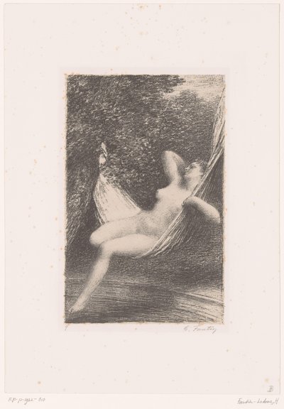 Sara vugger naken i en hengekøye over vannet Sara la Baigneuse Livet og verkene til Hector Berlioz (serietittel) av Ignace Henri Jean Fantin Latour