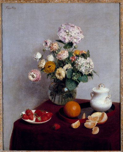 Sommerblomster og fruktmaleri av Henri Fantin Latour (Fantin-Latour av Ignace Henri Jean Fantin-Latour