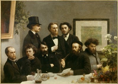 Bordhjørne Representasjon av et møte mellom, fra venstre mot høyre, Paul Verlaine, Arthur Rimbaud, Elzear Bonnier, Leon Valade, Emile Blemont, Jean Aicart, Ernest d