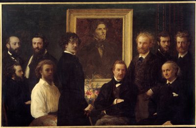 Hyllest til Eugene Delacroix. Karakterene som er representert er Louis Edmond Duranty (bokstavens mann), James Abbott Mac Neill Whistler (maler), Champfleury, Jules Husson (bokstavens mann), Edouard Manet, Charles Baudelaire, Louis Cordier, Alphonse Legros av Ignace Henri Jean Fantin Latour