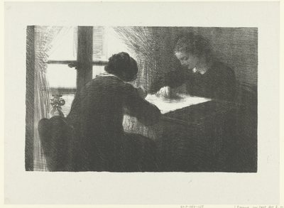 To kvinner broderer ved et bord ved et vindu i interiøret Intérieur de brodeuses L'Epreuve (serietittel) av Ignace Henri Jean Fantin Latour