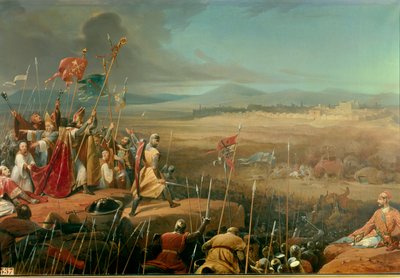 Første korstog: "" Slaget utkjempet under Antiokia-murene mellom kryssene kommandert av Bohemond (Bohemond av Taranto eller Hauteville eller Bohemond I av Antiokia den store 1054-1111) og hæren til Karbouka (= Kerbogha døde 1102), general for sultan o av Henri Frederic Schopin
