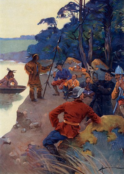 Die ersten europäischen Siedler am Ufer des Sankt-Lorenz-Stroms, heutiges Quebec, 16.-17. Jahrhundert von Henri-Gaston Darien