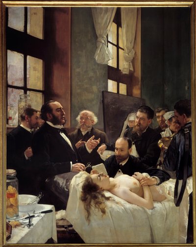 Dr. Jules Emile (Jules-Emile) Pean (1830-1898) underviste ved Saint Louis-sykehuset sin oppdagelse av at skip klemte seg eller "" Før operasjonen"" Maleri av Henri Gervex (1852-1929) 1887 Søn. 2,42x1,88 m Paris, musee d