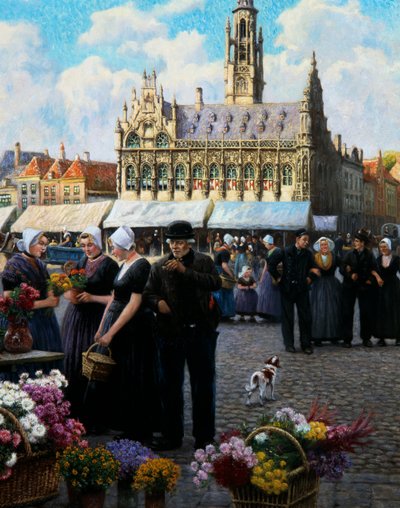 Blomstermarkedet i Middelburg (olje på lerret) av Henri Houben