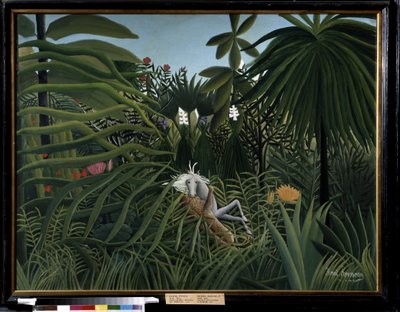 Hest angrepet av en jaguar. Maleri av Henri Rousseau kalt Douanier Rousseau (1844-1910) av Henri J.F. Rousseau