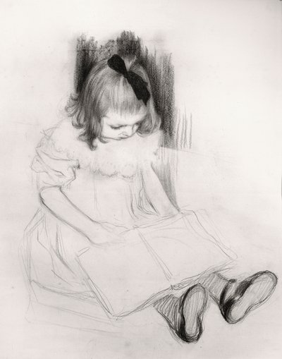 Jente leser (fargestift på papir) av Henri Jacques Edouard Evenepoel