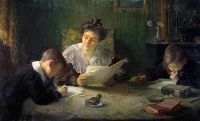 Lekser En mor hjelper barn med å gjøre lekser. Maleri av Henri Jamet (1858-1940) Orleans fra det 20. århundre, Musee des Beaux Arts av Henri Jamet