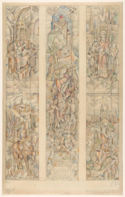 Designkartong for et glassmaleri, i den nye regjeringsbygningen i Maastricht (originaltittel på objektet) av Henri Jonas (signed by artist)