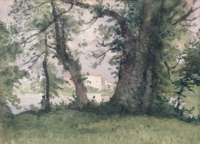 En fisker på en elvebredd, 1894 (wc på papir) av Henri Joseph Harpignies