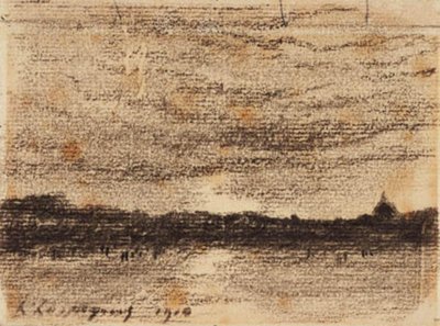 Solnedgangslandskap med utsikt over vann mot en by av Henri Joseph Harpignies