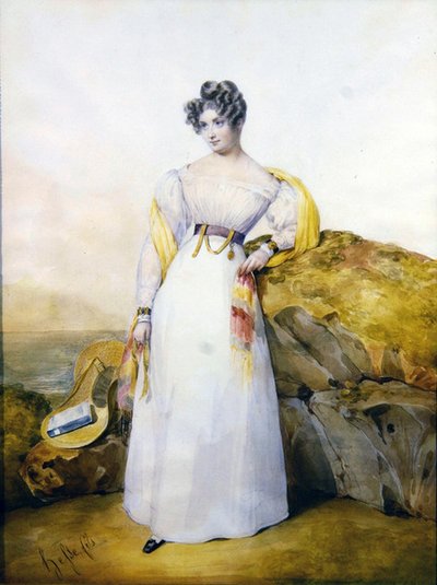 Portrett av en dame i et landskap (akvarell og gouache på vellum) av Henri Joseph Hesse
