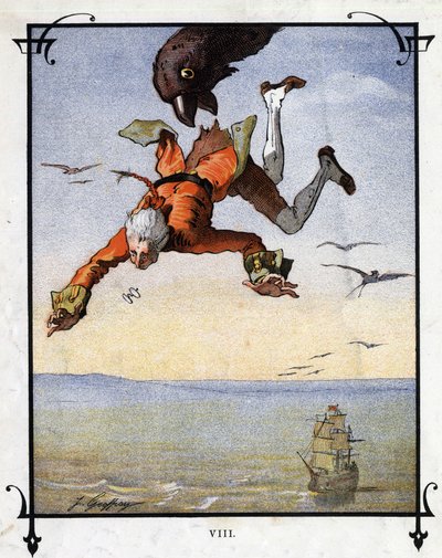 Lemuel Gulliver is carried away by an eagle. Illustration for “” Gulliver