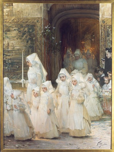 Prosesjon av unge jenter på konfirmasjonsdagen, L"hopital de Beaune, 1906 av Henri Jules Jean Geoffroy