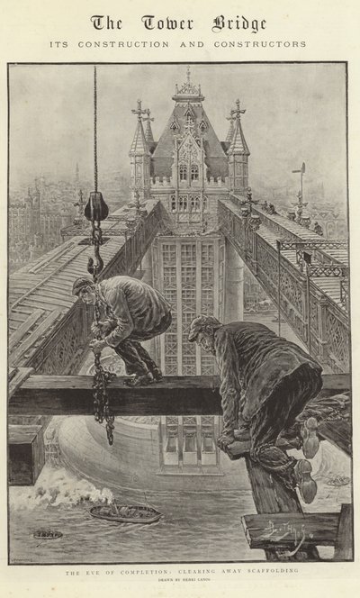 Tower Bridge, konstruksjonen og konstruktørene (litografi) av Henri Lanos