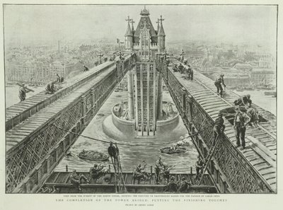Fullførelsen av Tower Bridge: sette siste hånd, fra The Graphic, 23. juni 1894 (gravering) av Henri Lanos