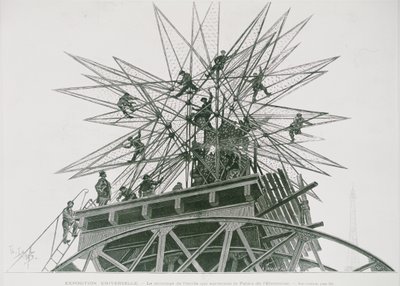 Universell utstilling av 1900: Installasjon av stjernen på toppen av Palace of Electricity (gravering) av Henri Lanos