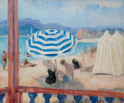 Stokker, blå parasoll og telt; Stokker, blå parasoll og telt, av Henri Lebasque