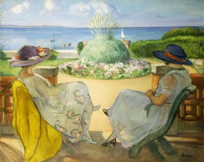 To unge kvinner på en terrasse ved havet; To unge jenter på en terrasse mot havet, 1922 av Henri Lebasque