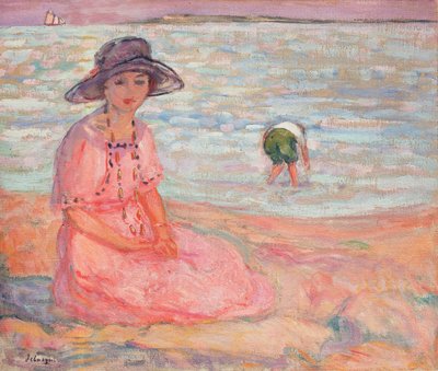 Kvinne i den rosa kjolen ved havet; Femme a la Robe Rose au bord de la Mer, ca. 1920 av Henri Lebasque