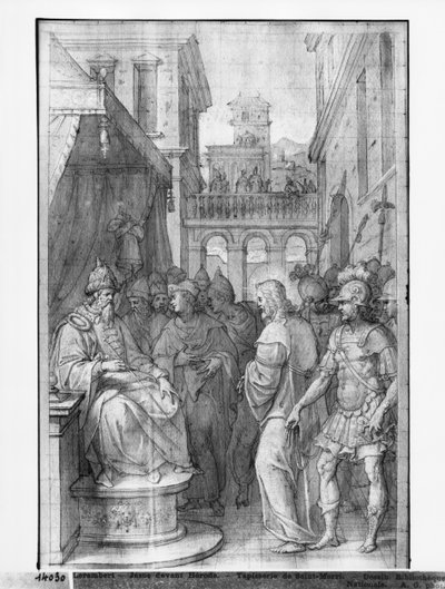 Life of Christ, Christ before Herodes, forberedende studie av billedvev tegneserie for kirken Saint-Merri i Paris, ca. 1585-90 (pierre noire und wash und white highlights on paper) av Henri Lerambert