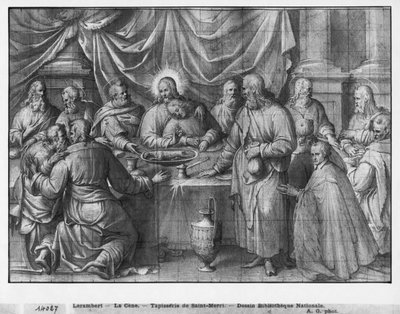 Life of Christ, the Last Supper, forberedende studie av billedvev tegneserie for Church Saint-Merri i Paris, ca. 1585-90 (pierre noire und wash und white highlights on paper) av Henri Lerambert