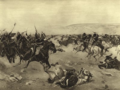 The Charge of the Heavy Brigade, Slaget ved Balaclava, 1854 (gravyr) av Henri Louis Dupray