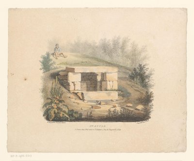 Landskap med en steinrøys og en sittende mann 3me-studie (tittel på objekt) av Henri Marie Parmentier