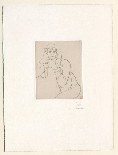 Ung kvinne med hendene foldet på ryggen av et møbel av Henri Matisse